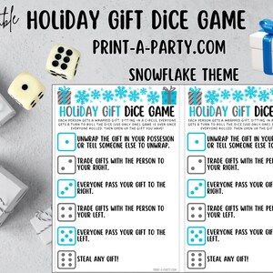 DICE GAME- Printable Holiday Dice Game – Fun Christmas Gift Exchange Party Activity (White Elephant, Secret Santa, Grab Bag) Snowflakes