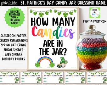 Printable St Patrick's Day Candy Jar Guessing Game Sign and Cards, How Many Candies Green Party PDF