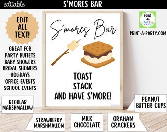 Plaque de bar S'Mores modifiable (8 x 10) et modèle sur toile de cartes de garniture de tente - Parfait pour les fêtes, les douches et les événements