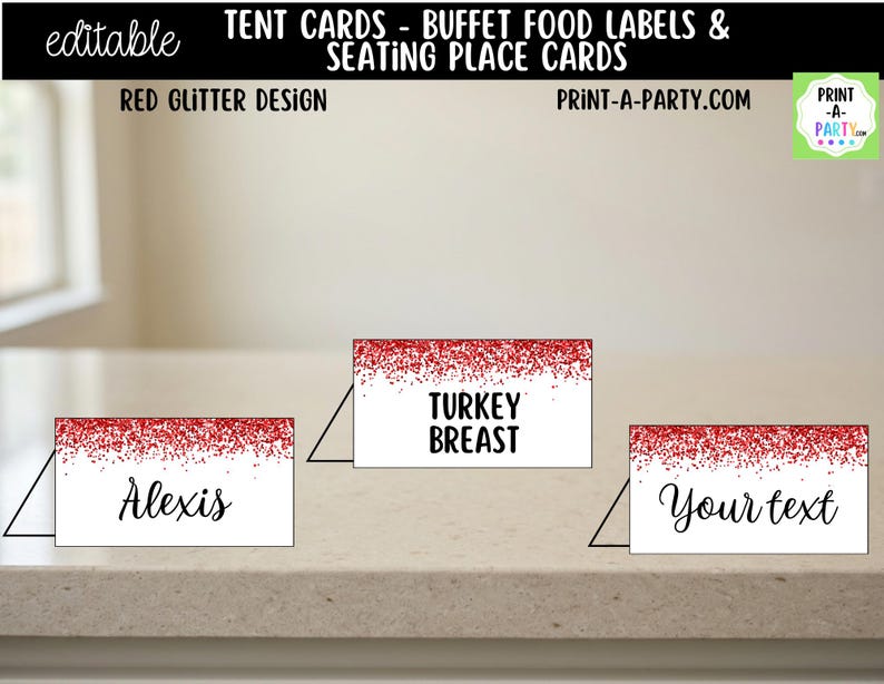 Editable Red Glitter Buffet Labels and Place Cards for Parties, Showers ...