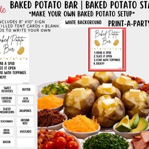 Editable BAKED POTATO BAR - Sign and Food Labels Template White - Perfect for Parties, Showers, Birthdays or Holidays, Party Food Bar