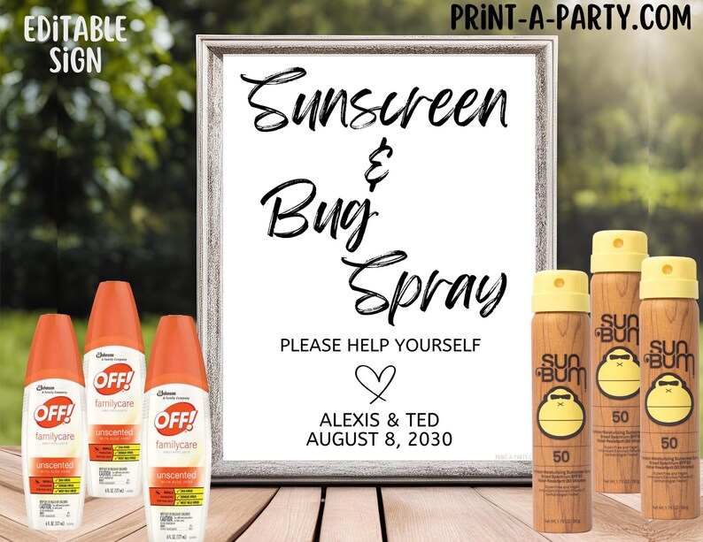 Editable Wedding Sign: OUTDOOR WEDDING Sign - Sunscreen and Bug Spray ...