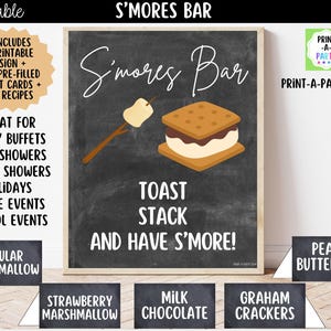 Placa de giz para bar de S'mores (para imprimir), etiquetas rústicas para receitas de sobremesas, kit de decoração digital em PDF para fogueira, acampamento, aniversário e casamento.