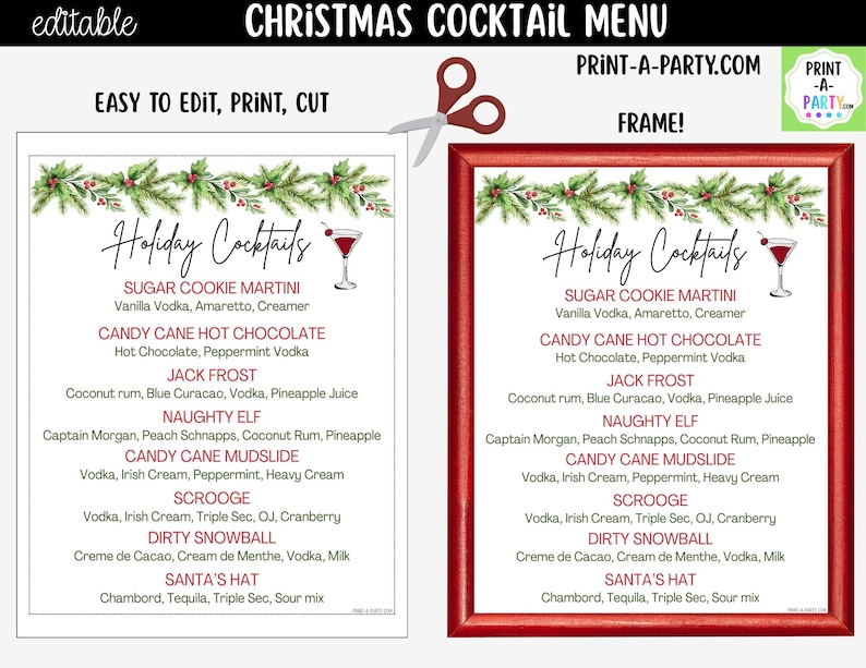 May include: A printable Christmas cocktail menu template featuring a pine and berry border, a martini glass graphic, and a list of holiday drinks including Sugar Cookie Martini, Candy Cane Hot Chocolate, Jack Frost, Naughty Elf, and Santa's Hat.