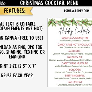 May include: An editable 5" x 7" Christmas cocktail menu template featuring a pine branch border with red berries and a martini glass illustration. The menu lists holiday drinks including Sugar Cookie Martini and Candy Cane Hot Chocolate.