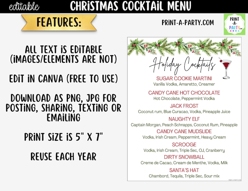 May include: An editable 5" x 7" Christmas cocktail menu template featuring a pine branch border with red berries and a martini glass illustration. The menu lists holiday drinks including Sugar Cookie Martini and Candy Cane Hot Chocolate.