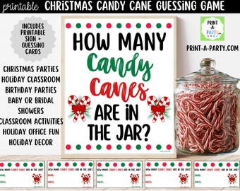 Printable Candy Cane Jar Guessing Game Sign and Cards, How Many Candy Canes Party PDF