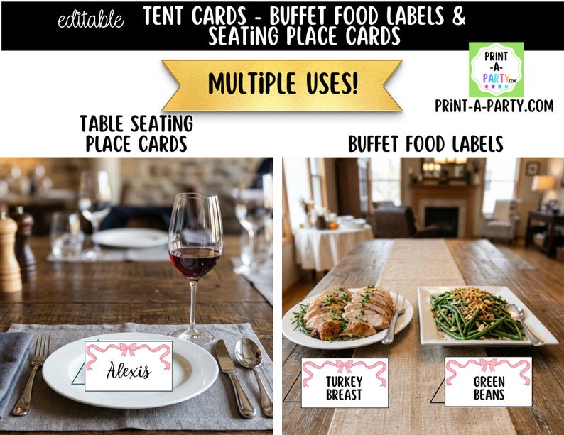 Event Table Labels Editable Pink Bow Buffet Labels and Place Cards for Parties, Showers ...