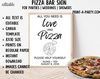 Letrero editable para pizzería: decoración para bodas, despedidas de soltera y fiestas (plantilla de Canva)