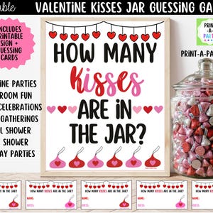 May include: A Valentine's Day guessing game set. The framed sign reads "How Many Kisses Are In The Jar?" with a jar of Hershey's Kisses. Includes printable sign and guessing cards. Perfect for Valentine's parties, classroom fun, and bridal showers.
