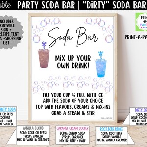 Puede incluir: Un letrero enmarcado para un "Dirty" Soda Bar, con el texto "Soda Bar" y "Mix Up Your Own Drink!" e ilustraciones de refrescos. Incluye recetas y una lista de compras.