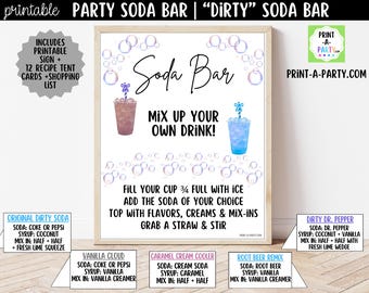 Printable Dirty Soda Bar Sign, Everyday Soda Station Recipe Tent Cards & Shopping List, Birthday Graduation Party Drink Decor Kit PDF 8x10