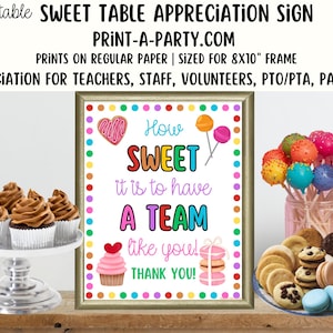 Signe d'appréciation de table de desserts - décoration imprimable pour enseignant, personnel, employé, bénévole, PTO PTA ou parents
