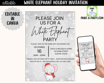 Puede incluir: Una plantilla de invitación digital para una fiesta navideña White Elephant con fondo plateado, copos de nieve blancos, texto en negro y un elefante de dibujos animados con gorro y bufanda de Papá Noel rojos.
