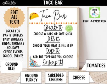 Editable Taco Bar Sign (8x10) and Toppings Tent Cards - Canva Template - For parties, showers and events