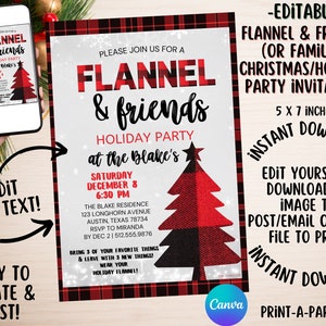 Christmas Editable Invitation: FLANNEL and FRIENDS or FAMILY Christmas Holiday Invitation | Christmas Flannel Party | Holiday Flannel Pajama
