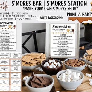 S'MORES BAR 印刷可能 - 白い看板とトッピングラベルテンプレート - パーティー、シャワー、誕生日、バーベキュー、夏、キャンプ、休日に最適