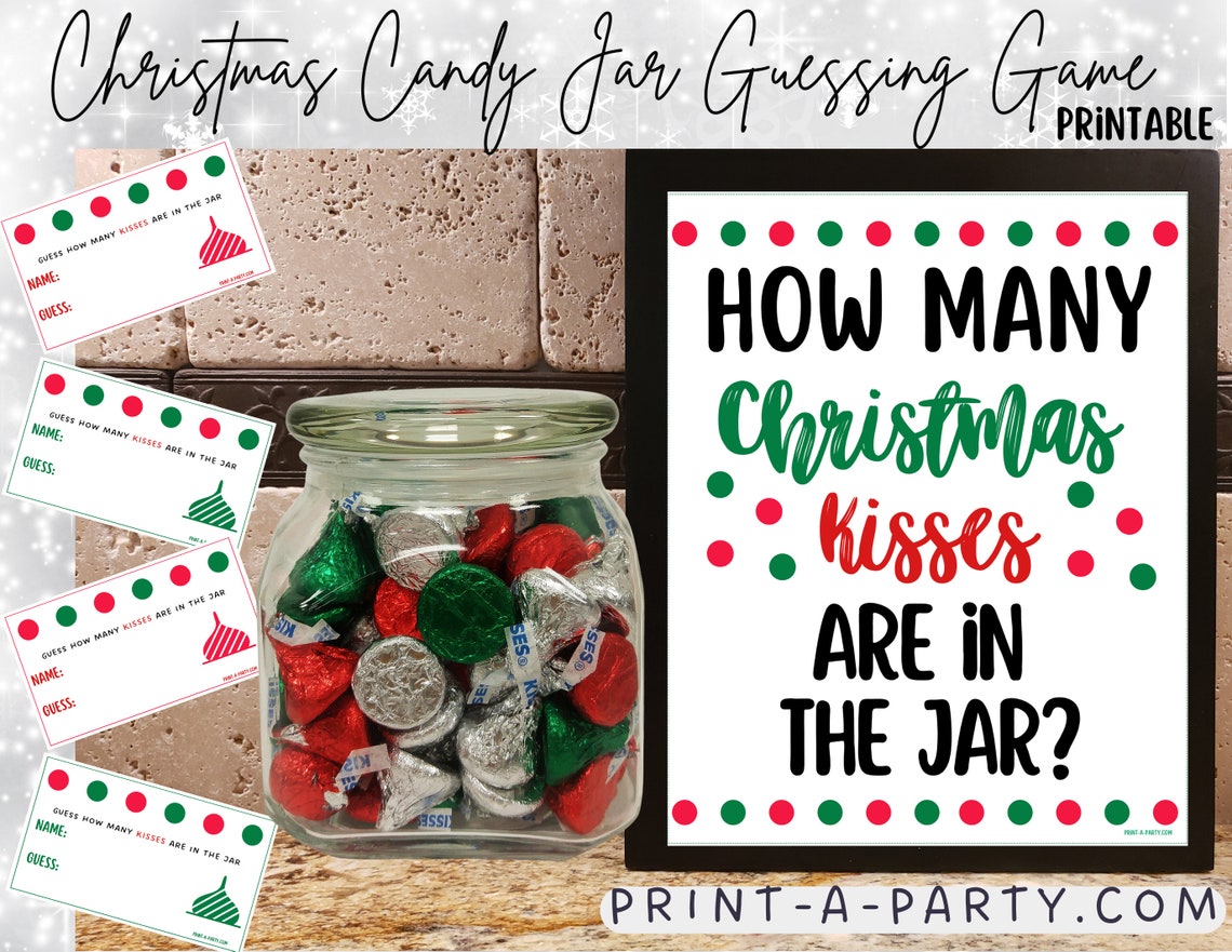Christmas Chocolate Kisses Guessing Game How Many Christmas Kisses in Jar Holiday Party Game 
