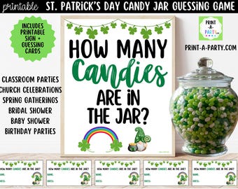 Printable St Patrick's Day Green Candy Jar Guessing Game Sign Cards, How Many Candies PDF