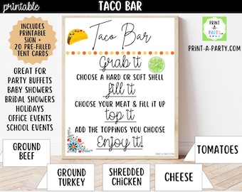 Printable Taco Bar Sign (8x10) & Tent Cards | Fiesta Party Decor, Buffet (PDF)