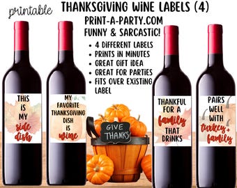 Funny Thanksgiving Wine Labels: Sarcastic Holiday Host Gift (PDF Printable)