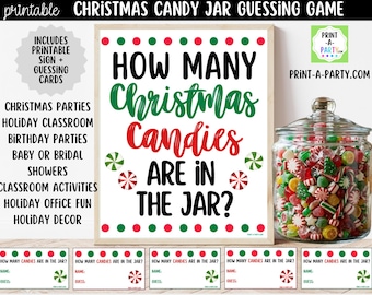Printable Christmas Candy Jar Guessing Game Sign and Cards, How Many Candies Xmas Party PDF
