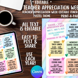 Cronograma do itinerário da semana de apreciação - EDITÁVEL | Design pastel | Ideias para a semana de apreciação do professor | Itinerário da semana de apreciação da equipe