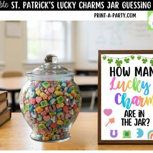 May include: A clear glass jar filled with colorful Lucky Charms cereal, next to a framed sign that reads "How Many Lucky Charms Are In The Jar?" The sign has a brown frame and features colorful text and St. Patrick's Day themed graphics.