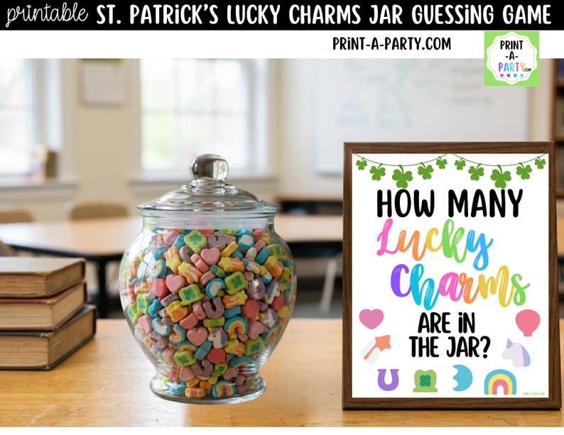 May include: A clear glass jar filled with colorful Lucky Charms cereal, next to a framed sign that reads "How Many Lucky Charms Are In The Jar?" The sign has a brown frame and features colorful text and St. Patrick's Day themed graphics.