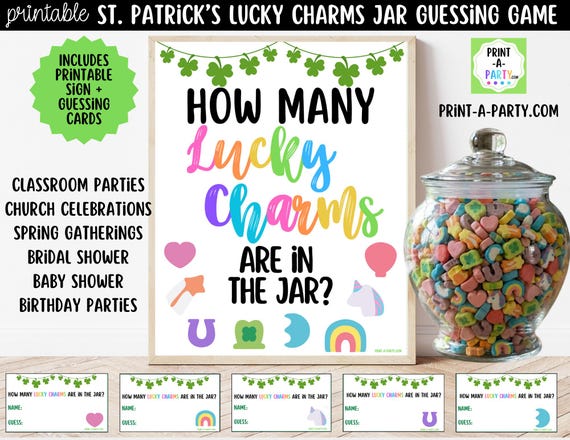 Printable St Patrick's Day Lucky Marshmallow Jar Guessing Game Sign Cards, Green Party PDF