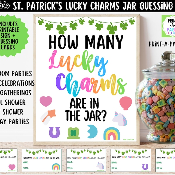 Printable St Patrick's Day Lucky Marshmallow Jar Guessing Game Sign Cards, Green Party PDF