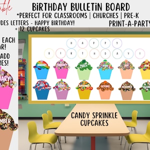BACK TO SCHOOL: Birthday Bulletin Board Printable Display - Monthly Candy Sprinkles Cupcake Theme for Classroom Decor, Birthday Board