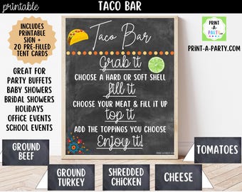 Printable Taco Bar Sign (8x10) & Tent Cards | Fiesta Party Decor, Buffet (PDF)