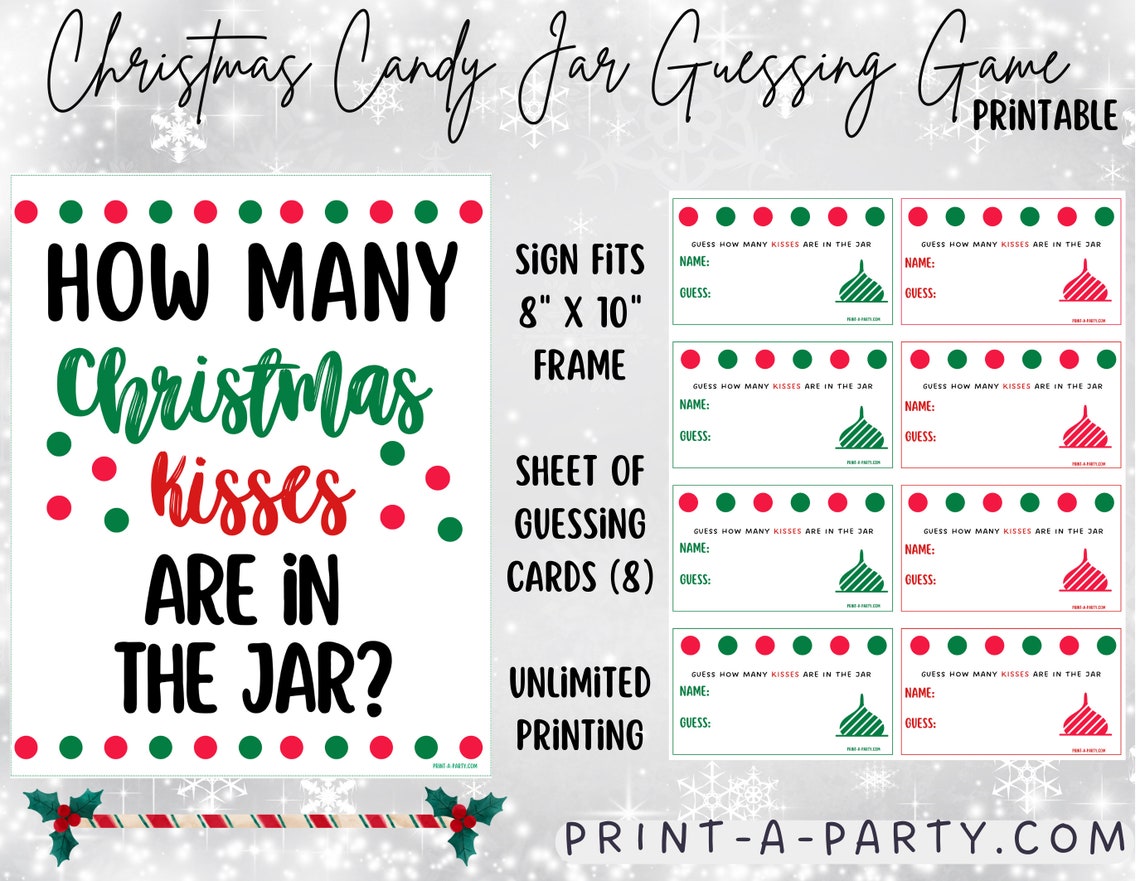 Christmas Chocolate Kisses Guessing Game How Many Christmas Kisses in Jar Holiday Party Game 
