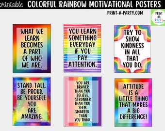 Rainbow-Themed Motivational Posters (6) - Printable Classroom Decor, Growth Mindset Quotes