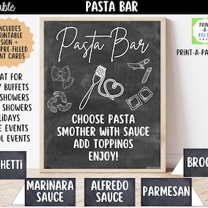 May include: A chalkboard-style sign with the words "Pasta Bar" in white script. The sign includes illustrations of pasta shapes and a fork. Below the sign are labels for pasta toppings and sauces, including "Spaghetti" and "Broccoli".