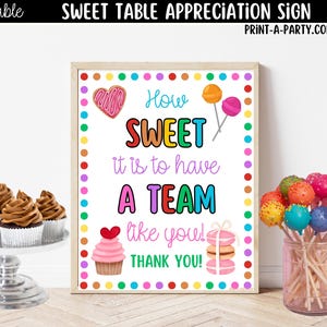 Op de afbeelding: Een rechthoekig bord met een kleurrijke stippenrand met de tekst How SWEET it is to have A TEAM like you! THANK YOU! Het bord is versierd met illustraties van een hartvormig koekje, twee lolly's, een cupcake en verschillende macarons.