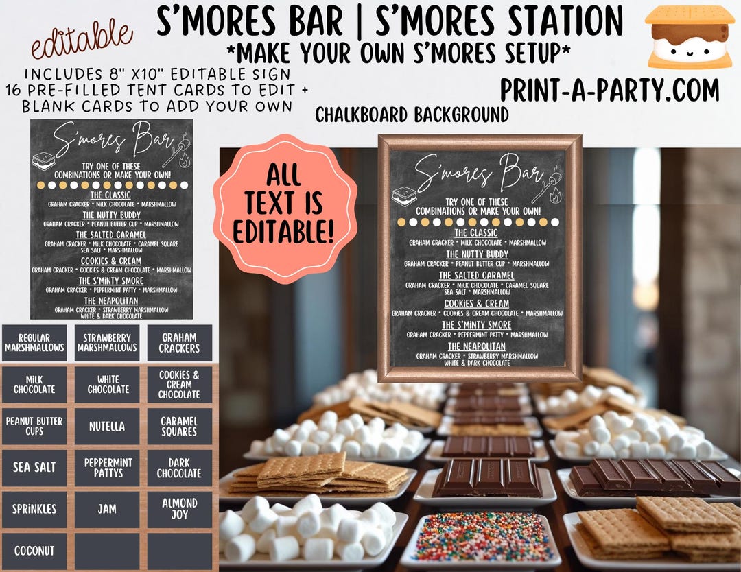 Editable S'mores Bar Sign & Toppings Labels: Printable Party Decor ...