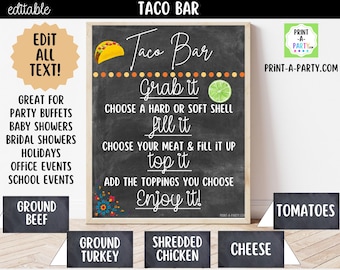 Editable Taco Bar Sign (8x10) and Toppings Tent Cards - Canva Template - For parties, showers and events
