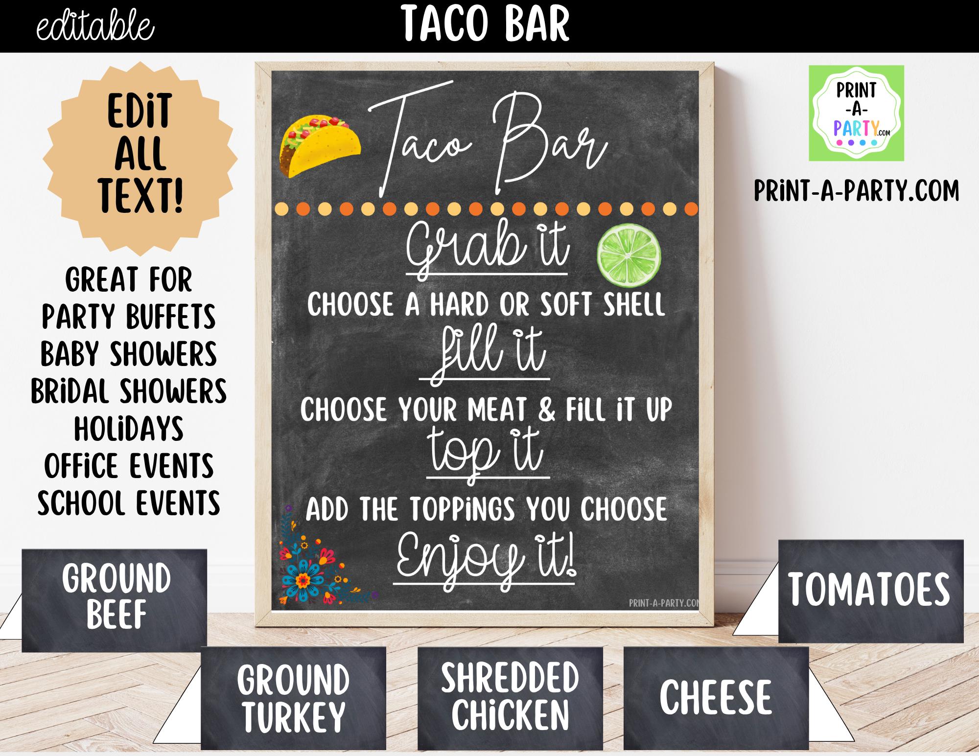 Editable Taco Bar Sign (8x10) and Toppings Tent Cards - Canva Template ...