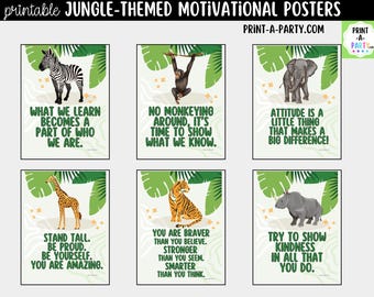 May include: Six jungle-themed motivational posters, each featuring a different animal and an inspirational quote. Animals include a zebra, monkey, elephant, giraffe, tiger, and rhino. The quotes are in green font, and the posters are framed with green leaves.