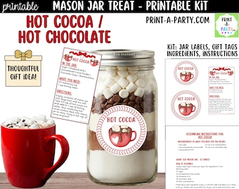 Kit imprimible de regalo para preparar chocolate caliente en un tarro de cristal: etiquetas, etiqueta, receta e instrucciones.