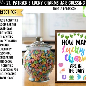 May include: A clear glass jar filled with colorful Lucky Charms cereal, next to a framed sign that reads "How Many Lucky Charms Are in the Jar?" The sign has a St. Patrick's Day theme with rainbow lettering and shamrock decorations.