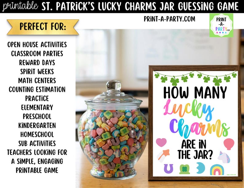 May include: A clear glass jar filled with colorful Lucky Charms cereal, next to a framed sign that reads "How Many Lucky Charms Are in the Jar?" The sign has a St. Patrick's Day theme with rainbow lettering and shamrock decorations.