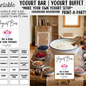 BARRA DE YOGURT - Letrero imprimible para barra de yogur y tarjetas con ingredientes - Decoración para fiestas y eventos (PDF)