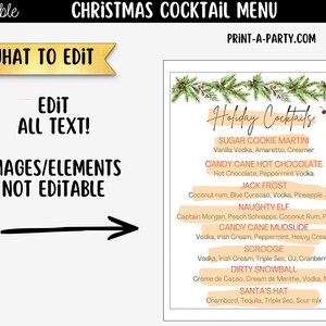 May include: A digital Christmas cocktail menu template featuring a pine branch border with red berries. The text includes Holiday Cocktails, Sugar Cookie Martini, Candy Cane Hot Chocolate, Jack Frost, Naughty Elf, Candy Cane Mudslide, Scrooge, Dirty Snowball, and Santa's Hat.