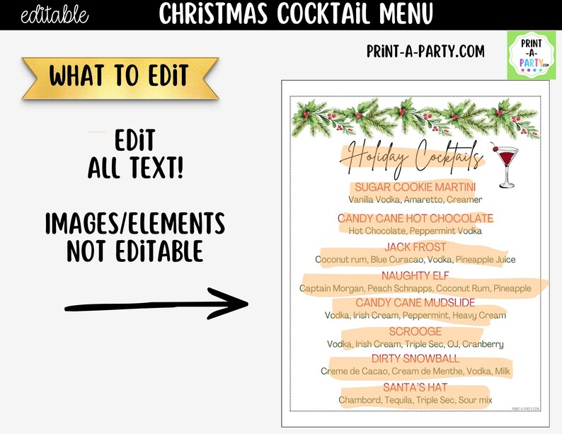 May include: A digital Christmas cocktail menu template featuring a pine branch border with red berries. The text includes Holiday Cocktails, Sugar Cookie Martini, Candy Cane Hot Chocolate, Jack Frost, Naughty Elf, Candy Cane Mudslide, Scrooge, Dirty Snowball, and Santa's Hat.