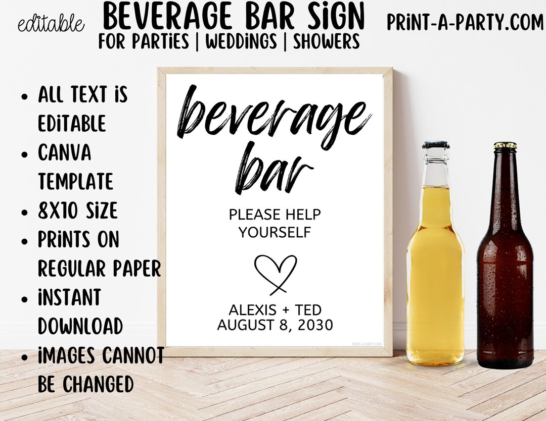 Editable Beverage Bar Wedding Shower Party Sign (8x10) - Printable ...