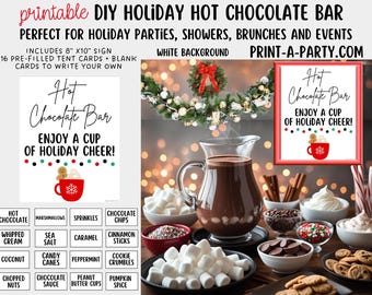 Cartello e biglietti di auguri stampabili per il bar della cioccolata calda per le feste (download PDF)