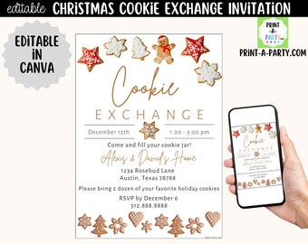 Pode incluir: Um modelo de convite digital para troca de biscoitos de Natal com biscoitos festivos de gengibre e em forma de estrela. O texto diz Cookie Exchange, 12 de dezembro, 13h-15h, Alexis & David's Home, 1234 Rosebud Lane, Austin, Texas 78788 e RSVP.